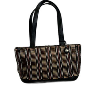 Monsac Women's Black Orange Tan Woven Leather Zip Top 2 Strap Shoulder Bag